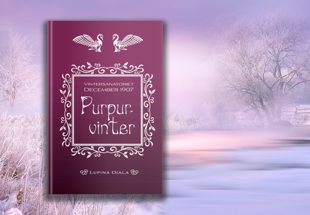 Boken Purpurvinter av Lupina Ojala mot en bakgrund av ett lilatonat vinterlandskap